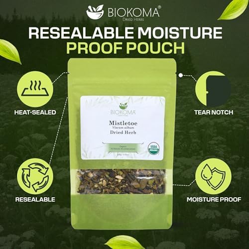 Biokoma Organic Mistletoe Dried Herb 100g 3.55oz Cut & Sifted Viscum Album Herbal Tea Cardiovascular & Nervous System Support Resealable Pouch USDA Organic No Additives No Preservatives No GMO Kosher