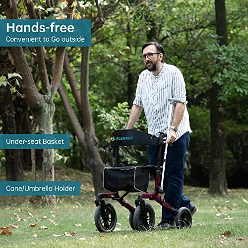 ELENKER All-Terrain Rollator Walker with Non-Pneumatic Tire 12” Front Wheels, Compact Folding Design for Seniors, Red