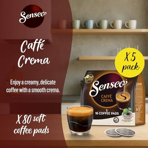 Senseo Caffe Crema Coffee Pods, 80 Count (5 Packs of 16), Smooth & Aromatic Medium Roast Coffee Soft Pods with Velvety Crema Layer, Pelecom Machine Compatible, good for Cold Brew Coffee