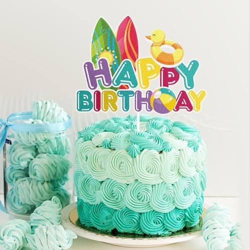 Surfboard Happy Birthday Cake Topper - Summer Beach Pool Party Glitter Beach Balls Cake Topper Supplies - Summer Beach Ball Baby Shower Kids Birthday Party Decoration