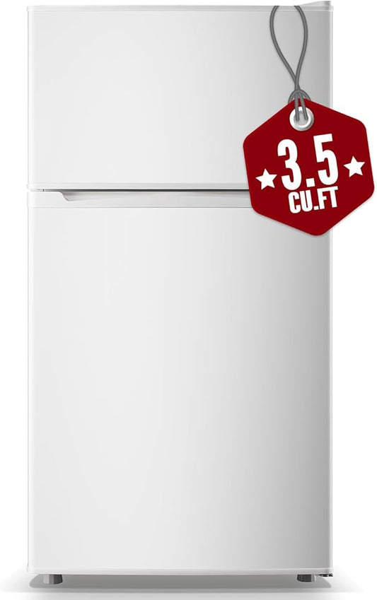 WANAI Mini Fridge with Freezer, 3.5 CU.FT Small Refrigerator with 2 Door & 7 Gear Mechanical Control & Side Bottle Rack, LED Light, Ideal for Dorm, Kitchen, Apartment, Office, White