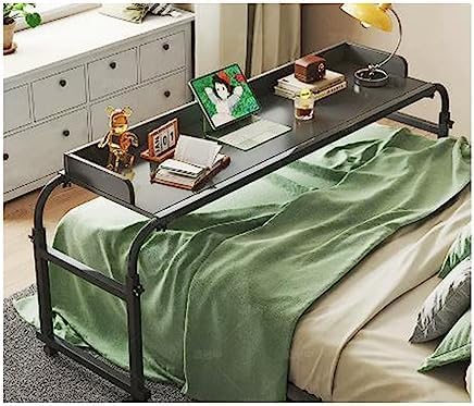 Overbed Table with Wheels for Full/Queen Beds Over-Bed Tables Standing Workstation Food Tray Desk Rolling Medical Table for Twin/Full/Queen/King Size Bed Fram(Color:Black)