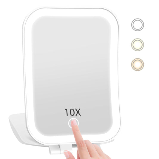 10X Magnification Travel Makeup Mirror, Portable Magnifying Mirror with 1000mAh Batteries, Rechargeable Light up Vanity Mirror, 3 Color Lighting Modes USB Portable Desktop Mirror for Women Girls