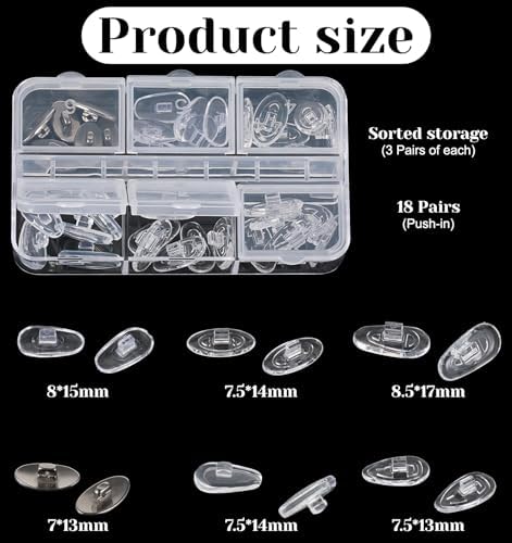 18 Pairs Eye Glasses Nose Pads Non Slip, Wye Glass Nose Pads with 6 Options, Universal Fit for Sunglasses & Optical Frames, Comfortable & Durable