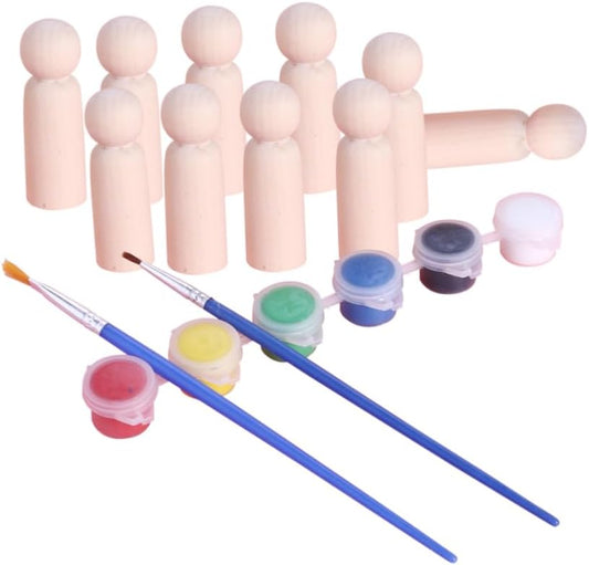 jojofuny 10pcs Wooden People DIY Wedding Cake Topper Kit Hand-Painted Christmas Decorations Perfect Wedding Favor Set Unfinished Dolls with 6 Colors 2 Paintbrushes Random Color