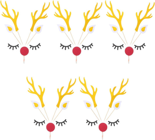 10 Sets Christmas Cake Toppers Reindeer Antlers Cupcake Toppers Set,Glitter Deer Antler Picks with Ears Nose Eyelashes, Paper Reindeer Cake Decor Gifts for Christmas Party Birthday Baby Shower