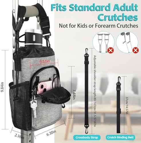 Crutch Accessories Bag Pouch with Detachable Shoulder Strap, Water-Resistant Dual-Purpose Zipper Pouch for Crutches, Lightweight Crutches Pouch Storage Tote for Adults Men, Women