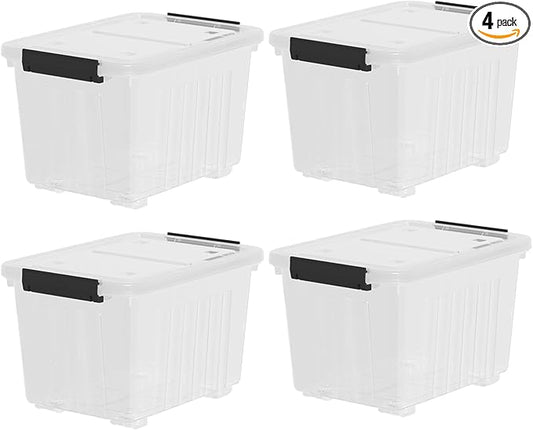 4-Pack 35 Quart Plastic Storage Bin with Secure Lid and Latching Buckles, Stackable Wheeled Container Box