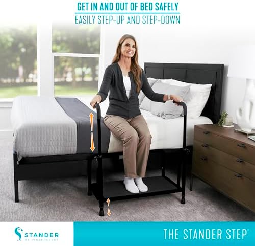 Stander Step-Stool, Portable Step with Adjustable Handles for Seniors and Elderly Adults, Extra Wide Heavy Duty Step-Ladder for Fall Prevention, Grab Bars, Motion Activated LED Light, Black