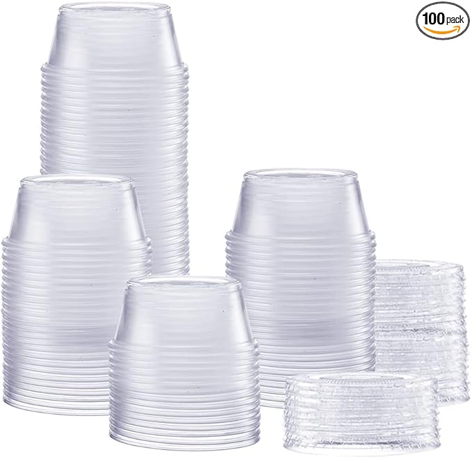 GUSTO 3.25 oz Jello Shot Cups with Lids [100 Count] Clear Plastic Portion Containers, Condiment Cups for Sauces, Dressings & Samples – Durable, Stackable, Leak-Resistant (Formerly Comfy Package)