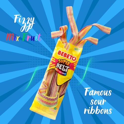 Bebeto Sour Rainbow Belts Candy, Super Belt Mixed Fruit (3 Pack, 2.65 oz / 75g Each) – Soft & Chewy Vegan Sour Belts Candy, by Kervan