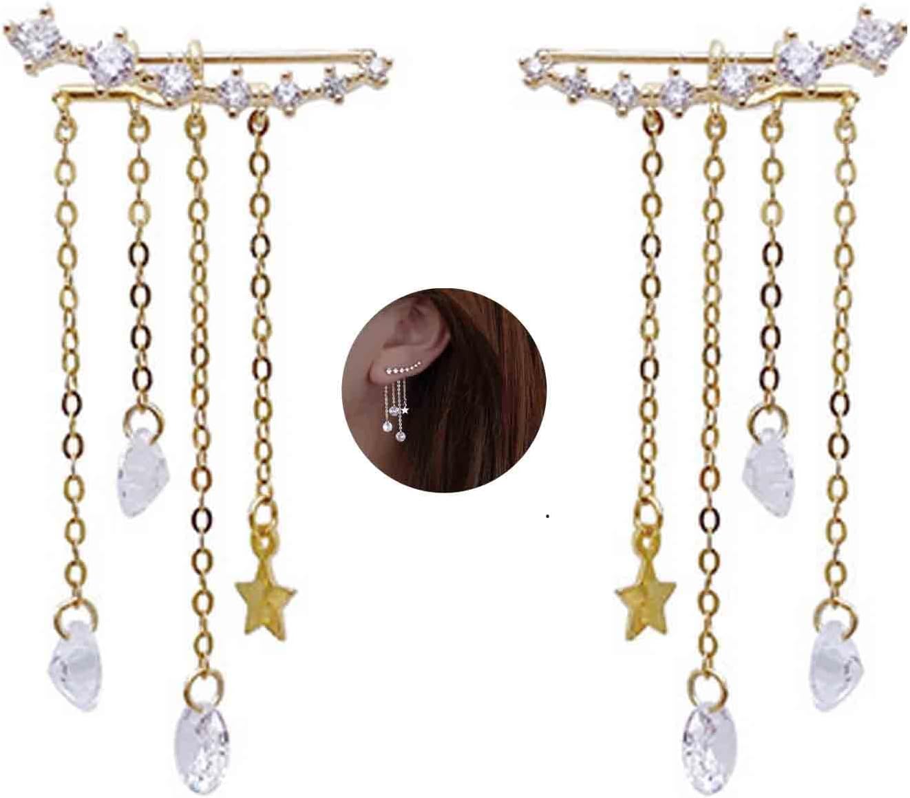 Boho Star Ear Jacket Earrings Gold Cz Star Ear Climber Earrings Crystal Chain Tassel Earrings Crystal Ear Crawler Long Chain Earrings Jewelry for Women and Girls Gifts