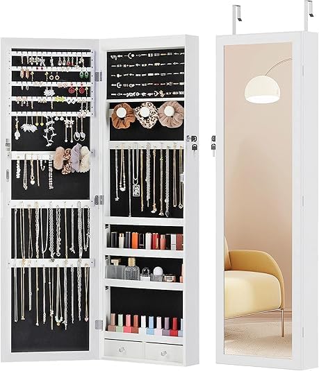 Large Capacity Wall-Mount Jewelry Armoire with LED Lights & Lock - 47.2" Tall Mirror Organizer Cabinet, 6 LEDs, Door-Hanging Design (White)