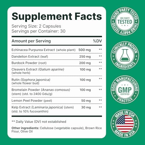 Lymphatic Drainage Supplement – Lymphatic Drainage Capsules with Dandelion, Burdock, Cleavers & Echinacea, Supports Bloating, Fluid Balance & Daily Lymphatic Wellness – 60 Capsules
