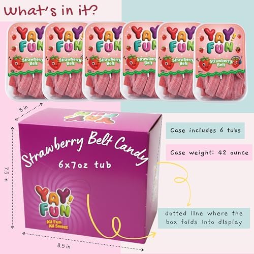 Halal Strawberry Belt Gummy Candy | 6 Pack Bundle (6x7 oz Tubs) | Sweet & Tangy Strawberry Gummy Strips | Resealable Tubs in Bulk with Display Box | Halal Bulk Sour Belt Gummy Candy for Parties & Sharing