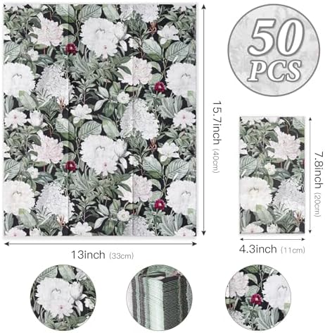 RUSPEPA 50 Pack White Flower on Black Backgroud Guest Napkins - 3 Ply Disposable Seasonal Paper Napkin Dinner Hand Napkins Decorative for Home Kitchen, Bathroom，Party - 13 x 15 Inches