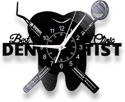 Dental Clinic Wall Clock, 12'' Teeth Dental Office Decor Clock Silent Quartz Non Ticking Battery Operated Modern Decorative Analog Black Vinyl Record Wall Clock for Dentist's Office Dentistry