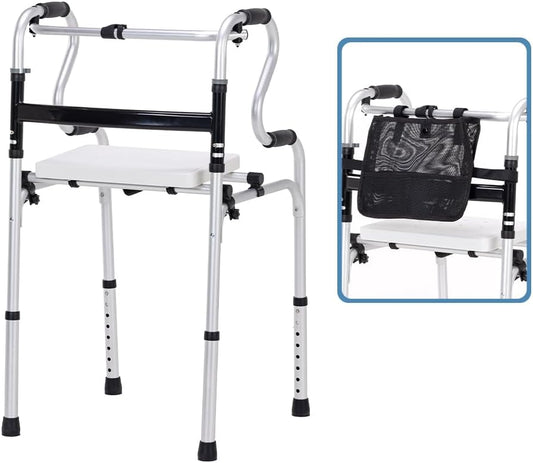 300LBS Lightweight Folding Walker with Seat,Storage Bag,Adjust Height (5'-6'5"), 2-in-1 Fixed/Cross Modes, Stable Aluminum Mobility Aid for Seniors, Post-Surgery Patients & Mobility-Impaired