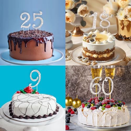 BEIDHIA Number Cake Topper 0-9,Silver Bling Rhinestone Happy Birthday Cake Topper for 9th 16th 18th 21st 30th 40th 60th 70th Birthday Party Anniversary Wedding Cake Decorations