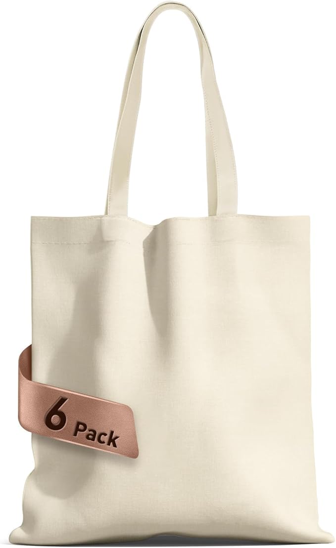 6 Pack Standard 14"x15" Premium Canvas Tote Bags, Load 55lbs, Reusable bag made of 6oz of natural canvas with Handles for Gift-Giving, Work, DIY Projects, Shopping