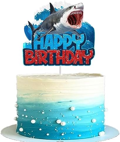 Shark Cake Topper for Boys Girls Baby Shower Happy Birthday Shark Fin Ocean Theme Party Supplies Decoration Blue Glitter Under the Sea Shark Cake Decorations
