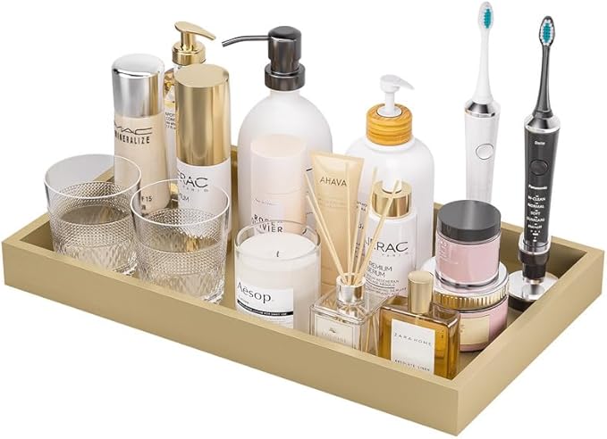 ZHWS Gold Bathroom Vanity Tray for Countertop Perfume Makeup Jewelry Candle Decor, Kitchen Tray for Soap Dispenser Spice Salt, Large Gold Tray for Toilet Tank Paper, Serving Nightstand 13âx6.5â