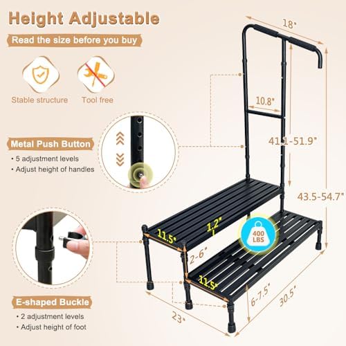 Bed Step Stool with Handle, Medical Bedside Stairs for High Beds Adults, Stepping Stool with Assist Rail Adjustable, Wide Platform Step for Elderly Seniors Handicap Mobility Two Step Stool