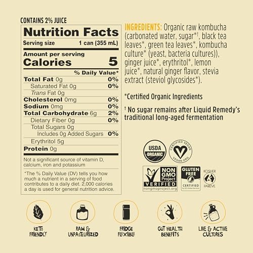 Liquid Remedy Kombucha Sugar Free Organic Drink, Low Calorie, Probiotic Like Tea for Gut Health - Ginger Lemon - 12 Fl Oz Can