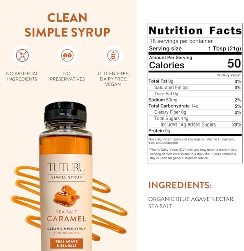 Caramel Agave Simple Syrup for Coffee & Cocktails - Sweetened with Organic Agave Nectar - Infused with Real Sea Salt - 13.5 oz