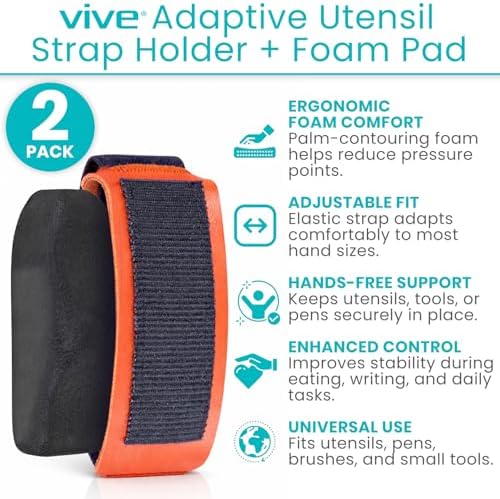 Vive 2 Pack Adaptive Utensil Strap Holder - Adjustable Hand Cuff for Holding Utensils - Parkinsons Aids for Living - Adaptive Equipment for Disabled Adults - Assistive Eating Device for Tremors Foam