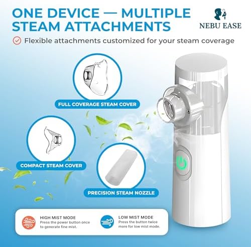 Nebu Ease Portable Facial Steamer & Personal Fine Mist Device – Handheld Rechargeable Mist Unit with Dual Output Levels, Compact Travel Design, Includes Multi-Use Attachments