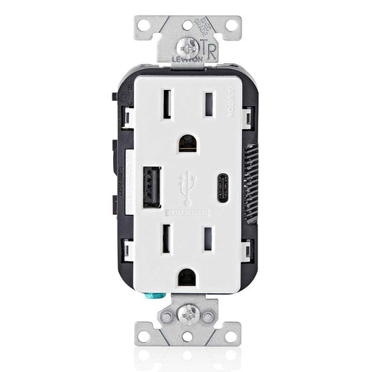 Leviton Type A & Type-C USB In-Wall Charger with 15A Tamper-Resistant Outlet, USB Charger for Smartphones and Tablets, Not for Laptops, T5633-W, White