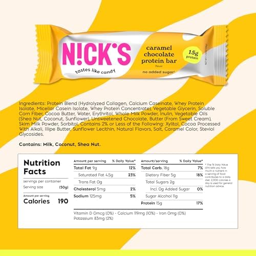 N!CK'S Protein Bars Chocolate Caramel – 12-Count Box | Protein-Packed Snack, Low Calories, Low Carbs, Keto Friendly, No Added Sugar (12 bars x 50g)