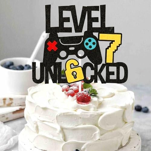 Level 7 Unlocked Cake Topper Happy 7 Birthday Cake Toppers Level Up seventh Cake Decorations Game Controller 7th Birthday Cake Decor - Video Game Theme Party Supplies for Teenager
