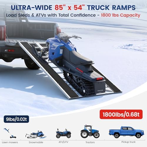 KROAK Aluminum Snowmobile Loading Ramp, 7.1 ft x 4.5 ft (85" x 54") Ultra-Wide Tri-Fold Ramp with Ski Guides, 1800LBS Max Capacity for Snowmobile ATV UTV Lawn Tractor