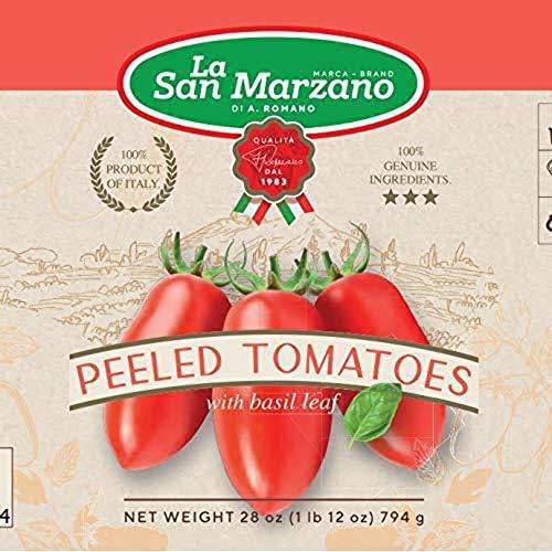 Italian Canned Peeled Tomatoes With Basil Leaf La San Marzano 100% Product of Italy 28 Oz can - 100% Genuine Ingredients With San Marzano Tomatoes (Pack of 6)