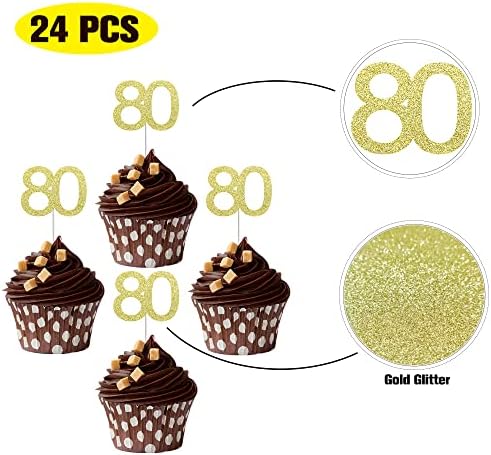 24 PCS 80th Cupcake Toppers - Anniversary or Birthday Cupcake Picks Party Decoration Supplies | Gold 80th