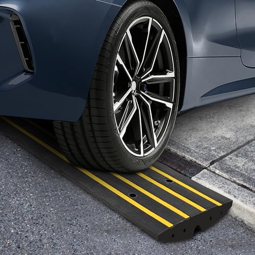 48" Heavy Duty Rubber Curb Ramps (2 Pack) – Low Profile Driveway Ramp with Water Drainage Channel for Cars, SUVs, Trucks – Garage, Sidewalk & Driveway Transition Solution – Black