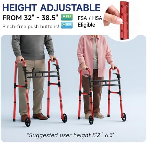 Loyoda Walkers for Seniors Foldable, Aluminum Lightweight Walker with Wheels, Adjustable Height & Width Standard Walkers for Elderly & Disabled, 350 lbs Capacity, Red