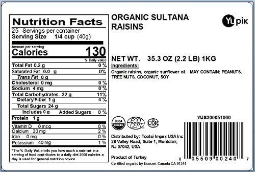 Yupik Organic Sultana Raisins, 2.2 lb (35.2 oz), Gluten-Free, Kosher, Non-GMO, Vegan, Whole Dried Fruits, Naturally Sweet, No Added Sugar, Seedless, Healthy Snacks, Ideal for Baking & Topping