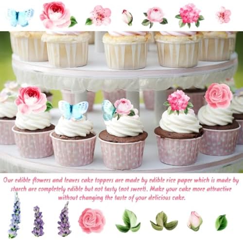 100Pcs Edible Flowers Cake Decorations - Wafer Paper Edible Flowers & Butterflies & Leaves Cupcake Toppers, Flower Cupcake Toppers for Wedding Birthday Baby Shower Party Cake Decorating