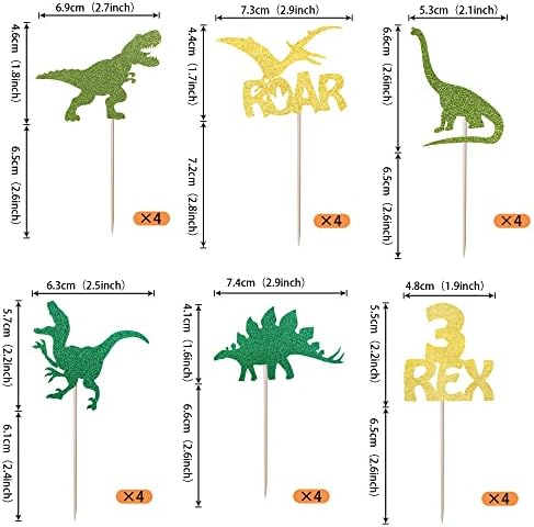 24 Pack Dinosaur Cupcake Toppers Glitter 3 Rex Roar Dinosaur Cupcake Picks Three Years Old Dino Theme Baby Shower Third Birthday Party Cake Decorations Supplies Gold