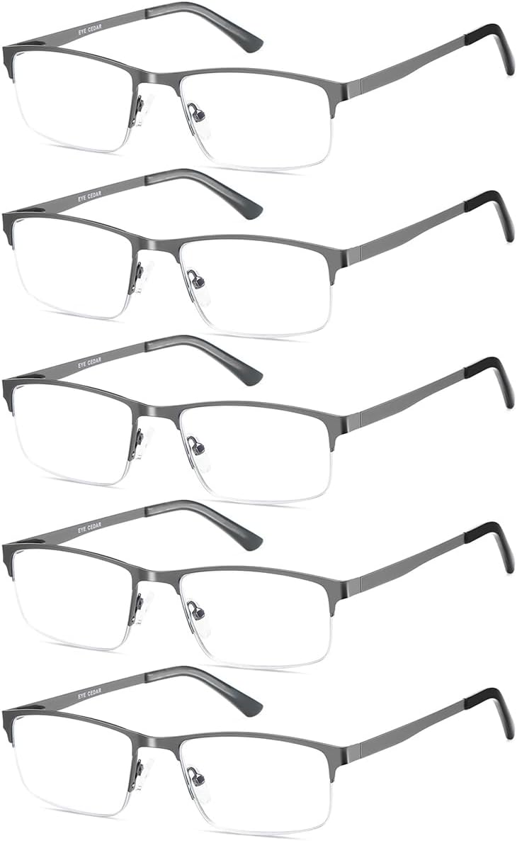 EYECEDAR 5 Pack Reading Glasses Men Blue Light Blocking Eyeglasses Gunmetal Gray Metal Half Frame Spring Hinges Readers for Men and Women 2.0