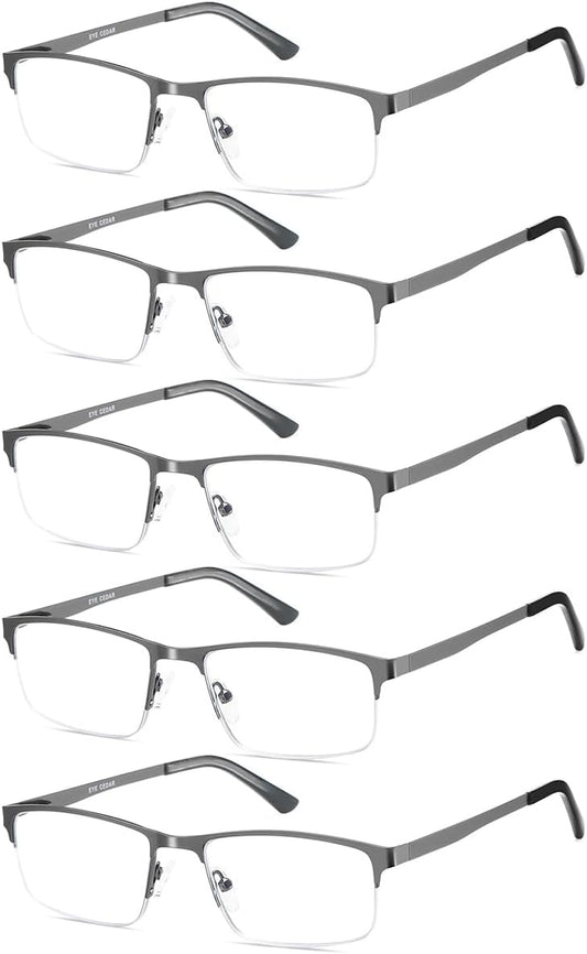 EYECEDAR 5 Pack Reading Glasses Men Blue Light Blocking Eyeglasses Gunmetal Gray Metal Half Frame Spring Hinges Readers for Men and Women 2.0