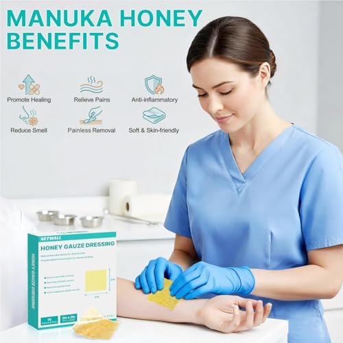 Manuka Honey Wound Dressing 2" x 2" Nonstick Gauze Pads, Sterile Medical Grade Manuka Honey for Wound Care, Honey Patch Wound Repair for Burns, Abrasions, Cuts and Scalds (Individually Pack of 10)