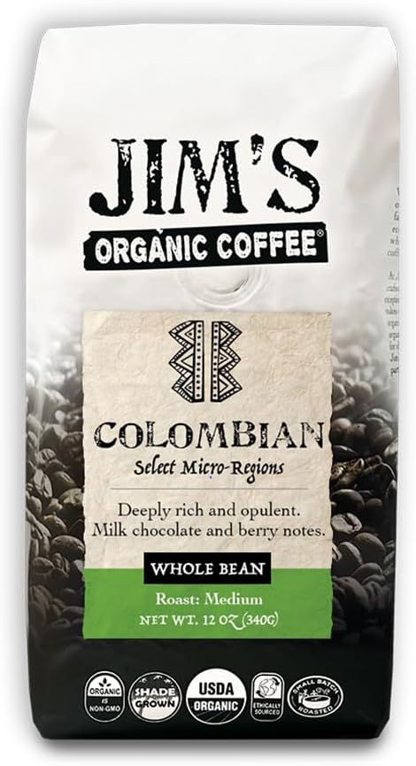 Jim’s Organic Coffee – Colombian – Single Origin, Medium Roast - Whole Bean 12 oz Bag