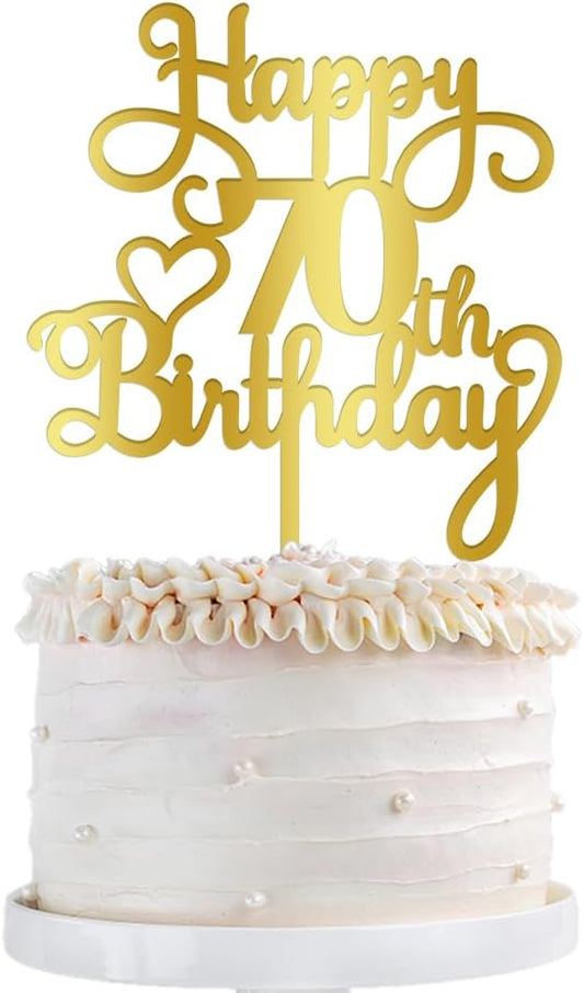 Happy 70th Birthday Cake Topper,Acrylic Double Sided Gold Decoration,for Happy 70th Birthday Cake Decorations,Cheers to 70 Fabulous Cake Decoration/70th Anniversary Party Decorations