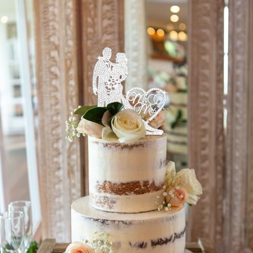 Wedding Cake Topper Rhinestone Mr and Mrs Cake Topper Bride and Groom Bridal Shower Party Metal Silver Wedding Decorations Supplies