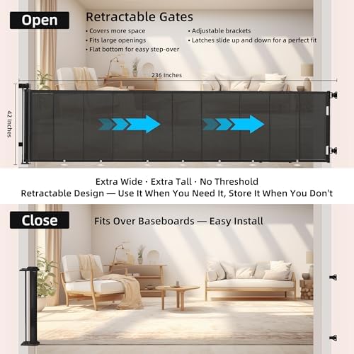 Retractable Baby & Pet Gate, 236″L x 42″H Extra Wide Mesh Retractable Dog Gate, 7 Reinforced Rods & Suction Cups, Safety Lock, One-Hand Operation,16 FT Easy Install for Indoor Outdoor, Black