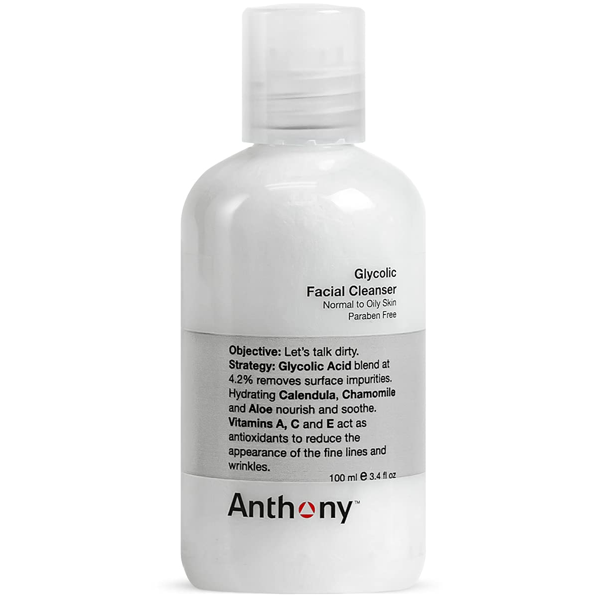 Anthony Glycolic Facial Cleanser for Men, Daily Exfoliating & Hydrating Face Wash, Shave Prep, Non-Foaming, Deep Cleansing, Gentle on Sensitive Skin, Removes Dirt & Oil, Smooths Texture, 3.4 Fl Oz